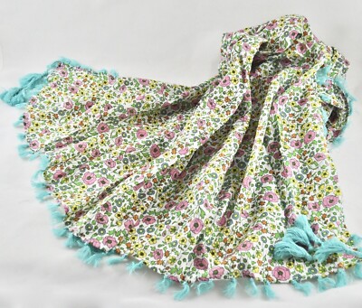 Liberty of London Target Floral Scarf Wrap Pareo Shawl Sarong Blue Tassel Resort