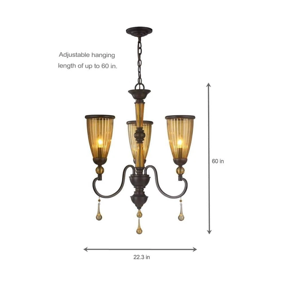 Lámpara de araña de bronce frotada con aceite de 3 luces con pantallas de vidrio adornado con cristal de World Imp Foto 3 de 4