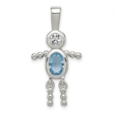 Sterling Silver Rhodium-plated CZ and Birthstone Blue March Glass Boy Pendant