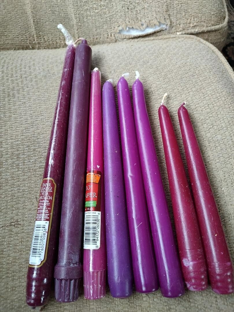 8 Plum, Burgundy & Purple Taper Candles - 7 to 12 Inch Lot