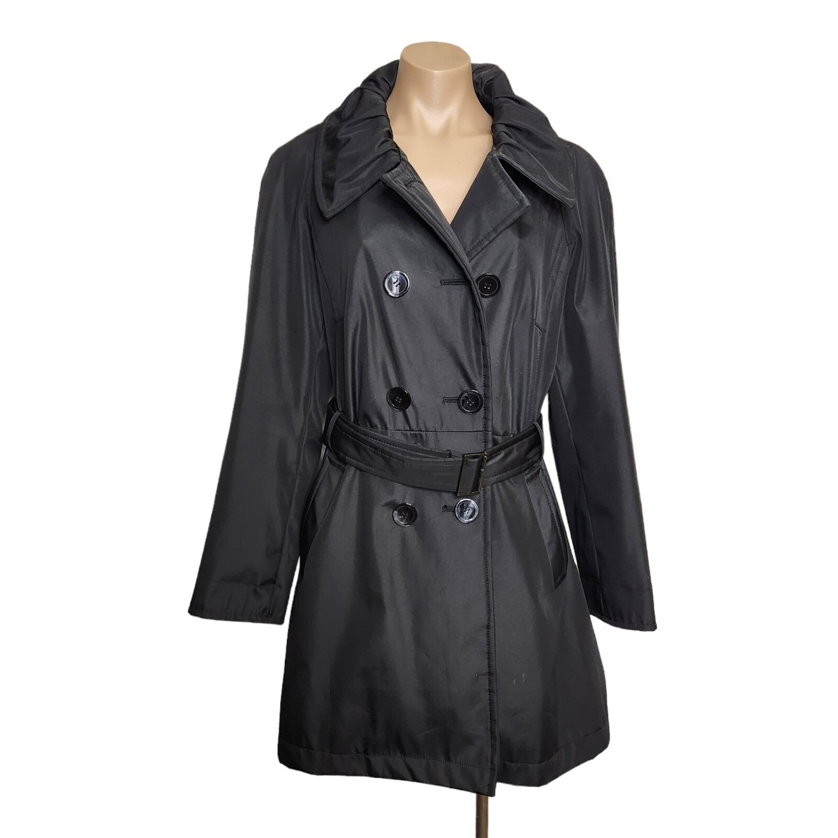 Hilary Radley Black Shiny Pea Coat Jacket Size M Belted and Lined