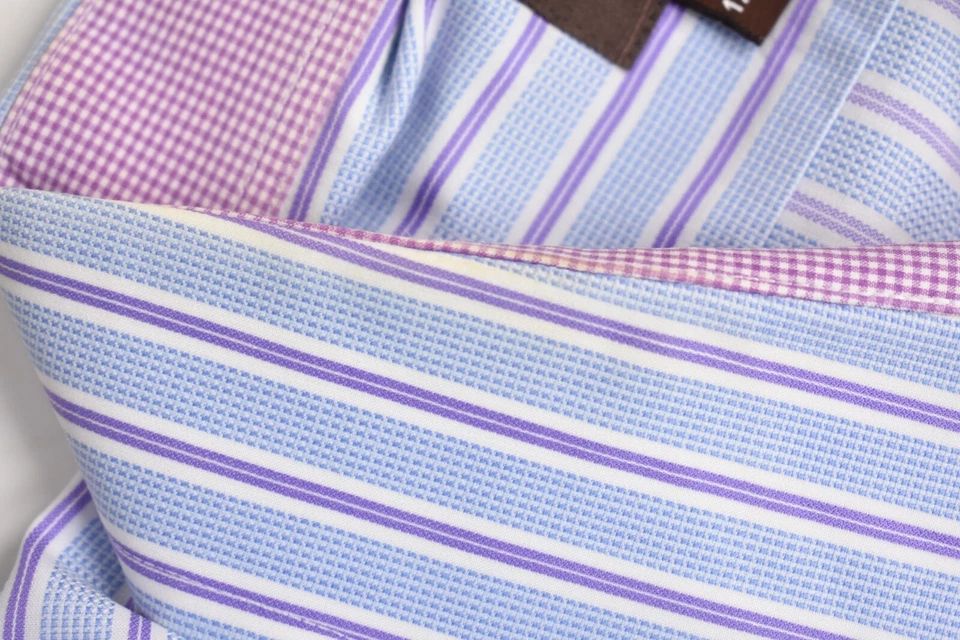 Santorelli Light Blue/Purple Striped Spread Collar Trim Fit Long Shirt Sz: 17XL - Image 3 of 4