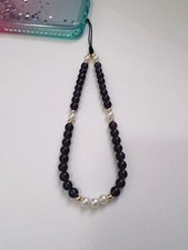 Purple Glass Crystal Faux Pearl Beaded Phone Wrist Strap, Gold Beads, Gift Idea