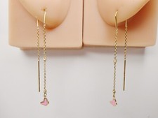 14K REAL SOLID YELLOW GOLD HEART ENAMEL LONG DROP EARRINGS