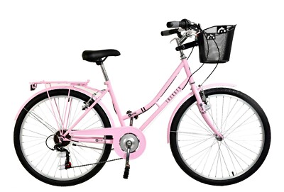 Damen Heritage Fahrrad mit Korb 17'' Rahmen 26'' Laufrad 6 Gang Aurai Trekker Pink