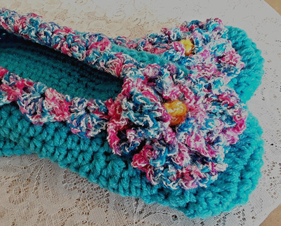 New Large Handmade Crocheted Women's Bedroom Slippers Pansy Teal Turquoise Pink