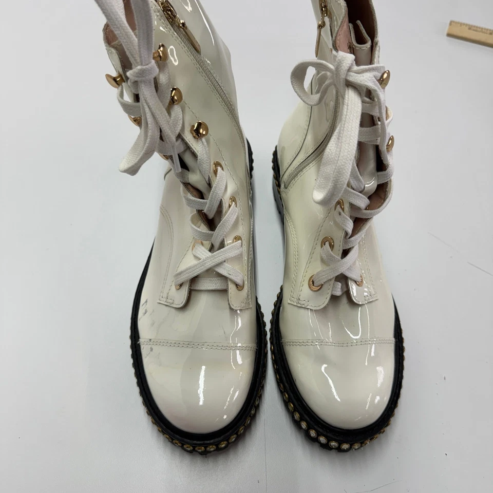 Schutz Boots Womens Size 8B White Andorra Patent Leather Studded Combat - Image 2 of 4