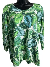 Talbots Shirt Womens Large Green Blue Tropical Leaf Print Cotton Lightweight