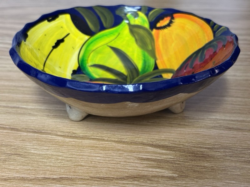 Mexican Folk Art Talavera Hand Painted 3 Footed Pottery Bowl with Fruit Theme