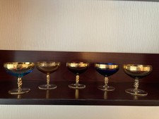 Vintage Set of 5 Gold Rim Champagne Coupe Glasses Twisted Stem Amber Blue Brown