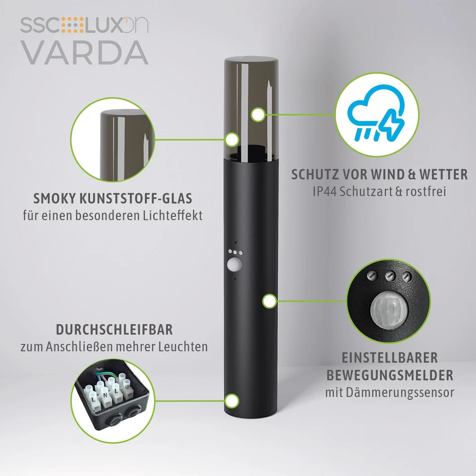 2x Gartenlampe VARDA Pollerleuchte Bewegungsmelder Dämmerungssensor E27 50 cm    - Bild 4 von 4