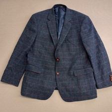 Harris Tweed Mens Blue Windowpane Plaid Wool Blazer Jacket 46R Sport Coat