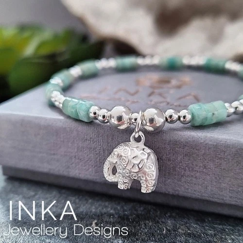 925 Sterling Silver Stacking Bracelet with Amazonite and Elephant Charm by INKA