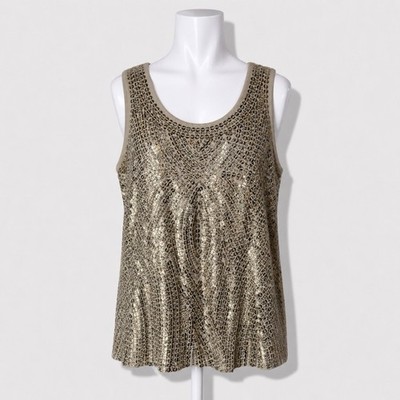 By Chico's Gold Sequin Scoop Neck Tank Top Blouse XL 3 Going Out Sparkle Holiday