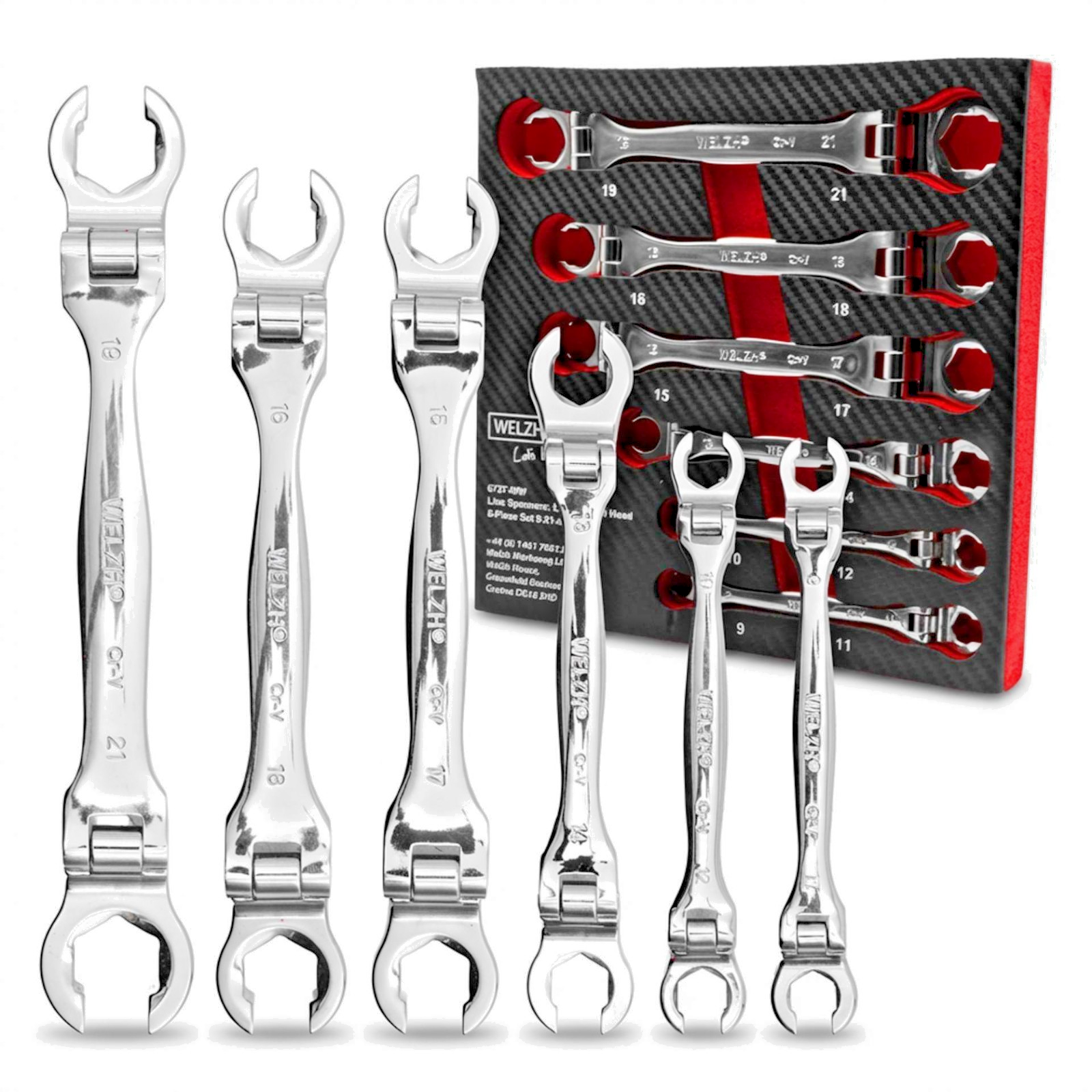 Welzh Werkzeug Flexi Head Line Spanner Wrench Set 9-21mm Fuel Lines, Brake Lines