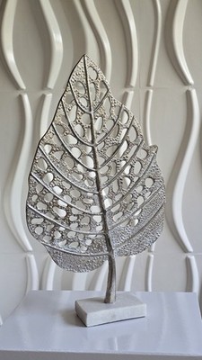 Large Metal Leaf Sculpture 20  on Marble Base Modern Organic Decor