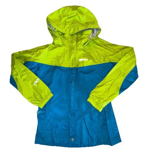 MARMOT GIRLS Small FULL ZIP WIND JACKET WITH HOOD- TEAL & LIME GREEN - Picture 2 of 18