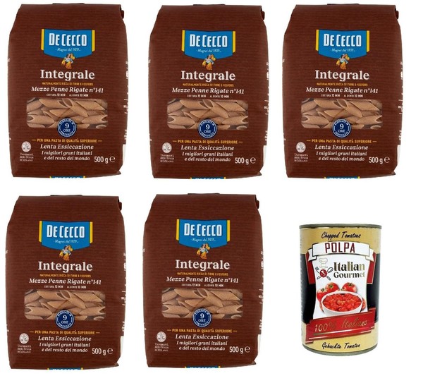De Cecco Integrale Mezze Penne Rigate N. 141, Vollkornnudeln, 5X500G+Polpa 400G-image