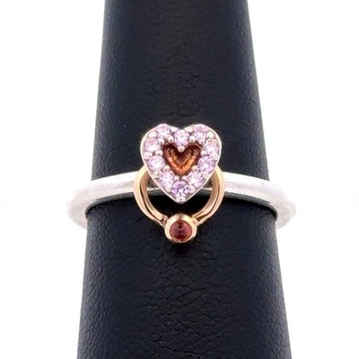 Pandora 925 Sterling Silber Bicolor Rosa Rhodolith Erhöhtes Herz Fidget Ring