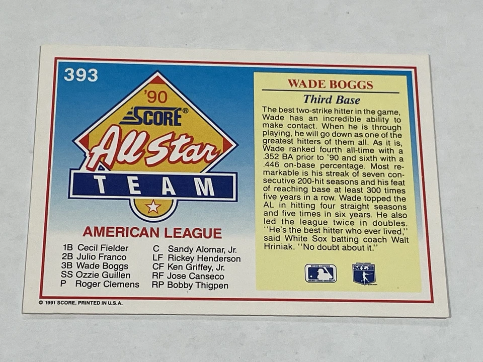 1991 Score Baseball #393 - Wade Boggs - Boston Red Sox - Image 2 of 2