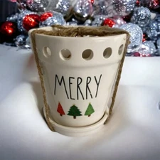 Rae Dunn " MERRY" Flower Pot Ivory Ceramic Christmas Tree Holiday NEW