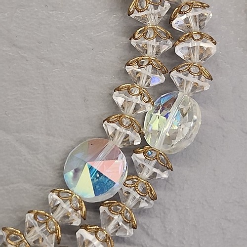 Vintage AB Glass Beaded Necklace Two Layered Gold Tone Caps Flower Clasp 18" - Picture 10 of 17