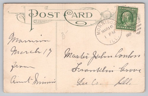 Postcard Humor Morrison IL Postmarked Man Beaten Stitched Up Smoking Pipe M2 - Picture 2 of 2