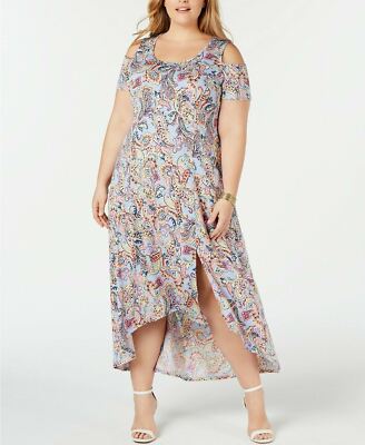NY Collection Women's Plus Printed Cold Shoulder Maxi Dress Blue Size 3X