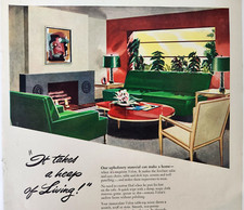 Impresión de revista publicitaria MCM decoración sala de estar velón piedra de fuego vintage 1949