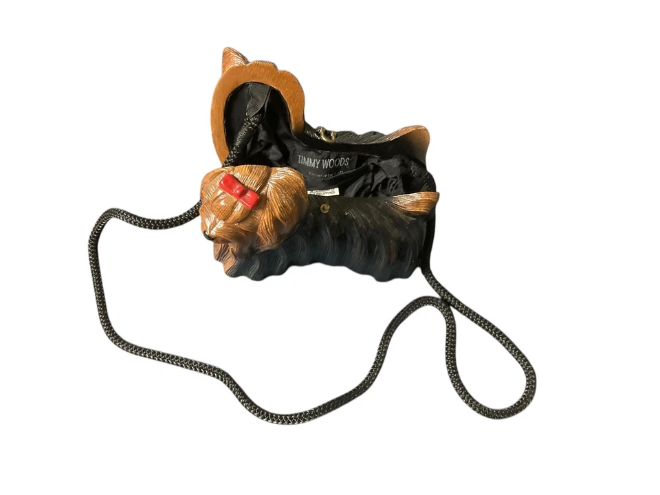 TIMMY WOODS YORKIE YORKSHIRE TERRIER DOG PURSE CLUTCH Wood RED BOW - Image 3 of 4