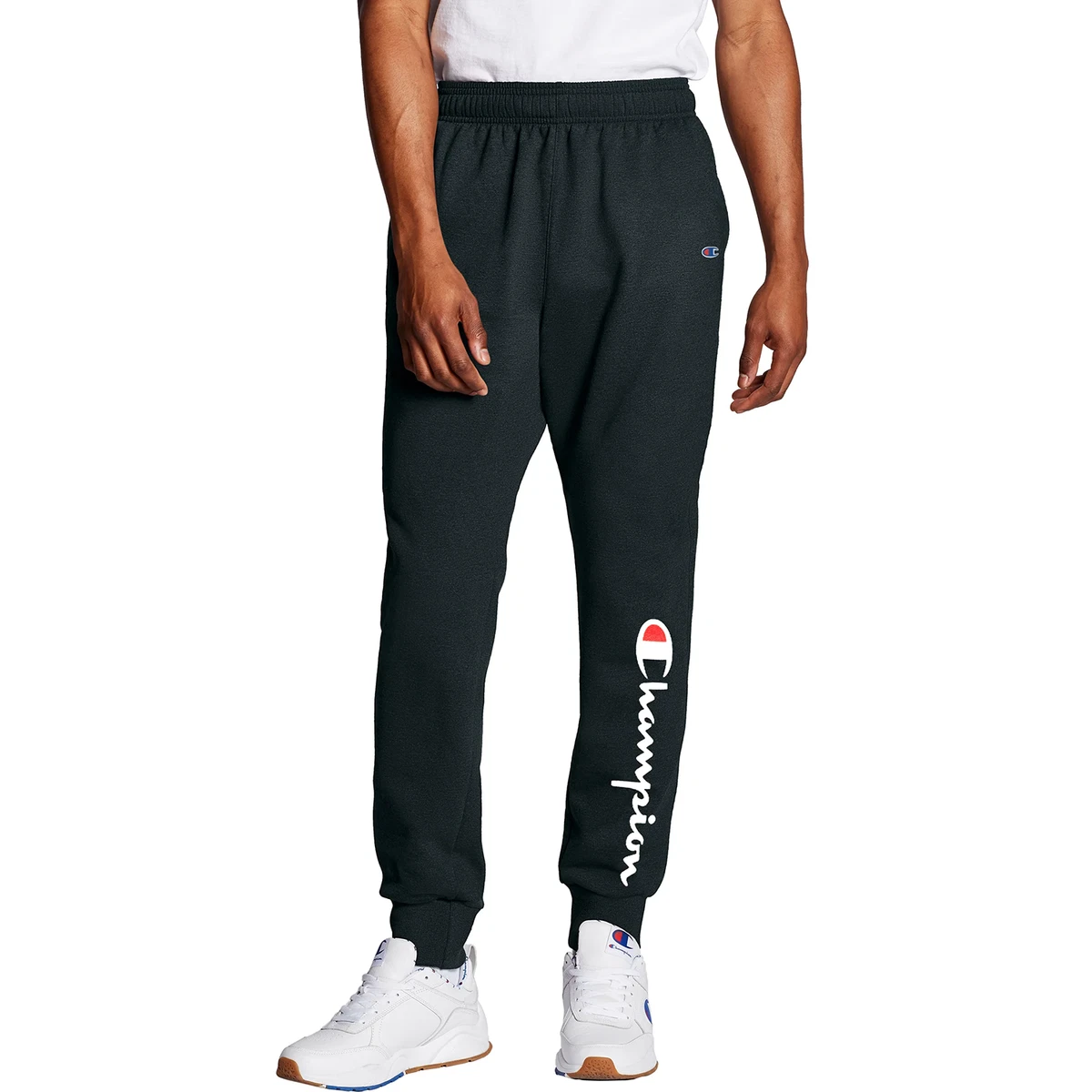 Champion Men's Powerblend Fleece Jogger Script Logo Pants Black  gf22h-586296bkc