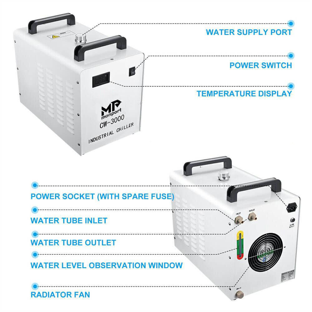 Enfriador de agua industrial Monport CW3000 para CNC CO2 grabador láser cortador marcador