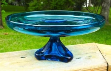 Lovely Mid Century Viking Glass Teal Blue Pedestal Footed Centerpiece Bowl Retro