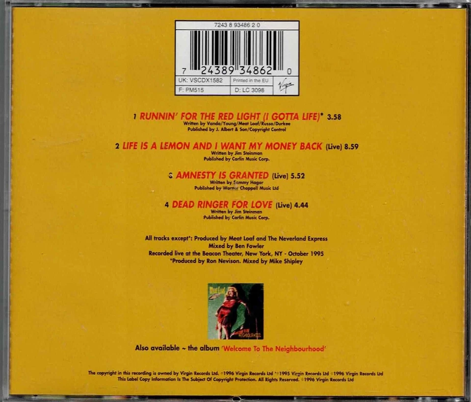 Meat Loaf – 5"CD - Runnin' For The Red Light (I Gotta Life) (Tour CD 4 Postcard) Foto 4 de 4