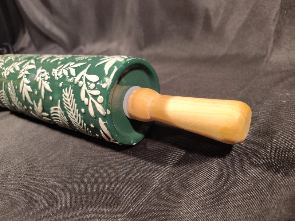 14-in Ceramic Embossing Rolling Pin Floral Pattern Green And White Christmas  - Image 3 of 4