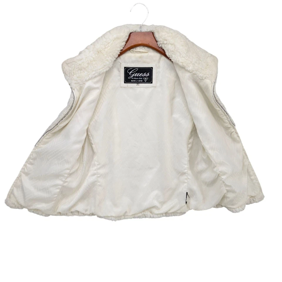 Chaleco Guess de piel sintética para mujer blanco cremallera completa cable paneles tejidos talla M Foto 3 de 4
