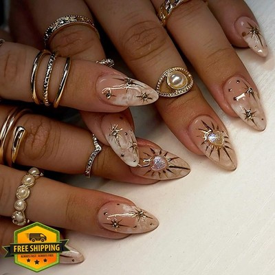 Gold Star Almond Press On Nails Medium Rhinestone French Fake Nails