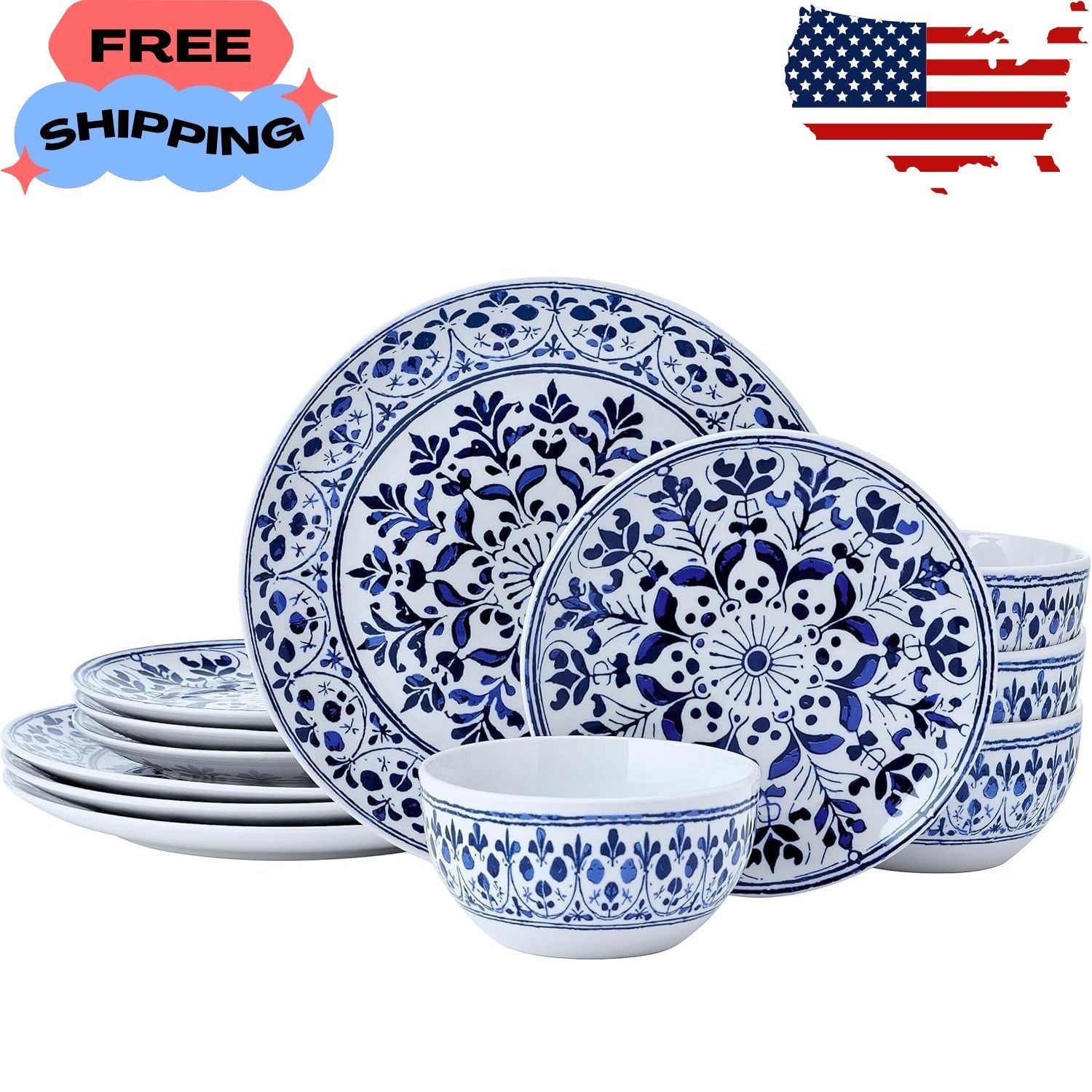 Medallion Radiance 12 Piece Stoneware Dinnerware Plate Bowl Dish Set, Blue