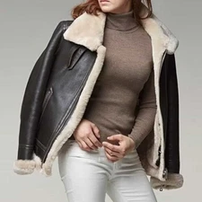 Women's Black B3 RAF Aviator Flying Bomber Shearling Fur Sheepkin Leather Jacket
