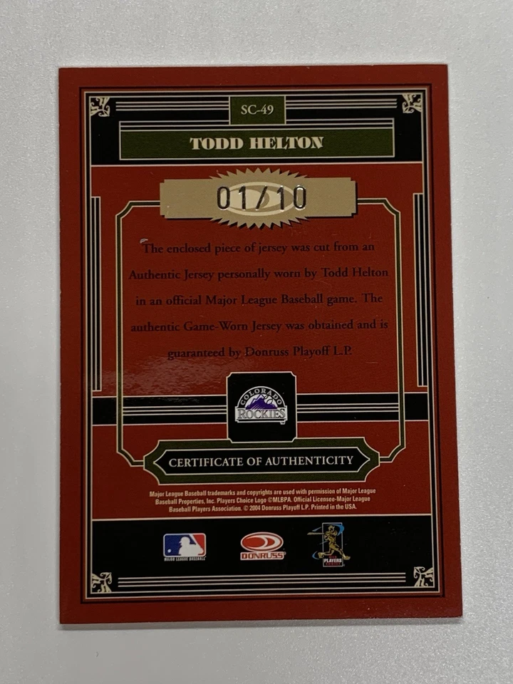 Tarjeta Donruss Todd Helton 1/1 Auto Statistical Champions Timeless Treasures 2004 Foto 4 de 4