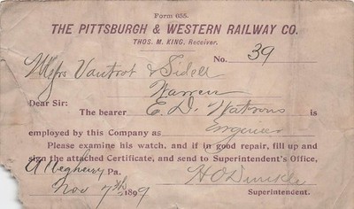 Pittsburgh Western Railway 1899 Watch Inspection Slip Allegheny PA Train I54