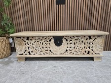 Carved White Washed Mango Wood Storage Bench Blanket Box