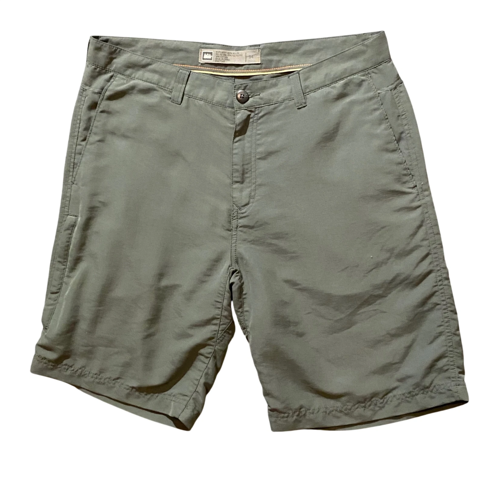 REI Shorts Mens 34 Olive Green Lightweight Outdoor Zipper Pocket Travel QuickDry