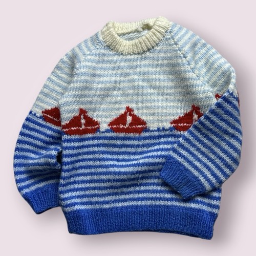 Vintage Kids Sailboat Handknit Nautical Sweater 70s Sz 4T USA Made Ocean 