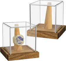 2 Pack Championship Ring Display Case Clear Acrylic Single Ring Holder with Wood