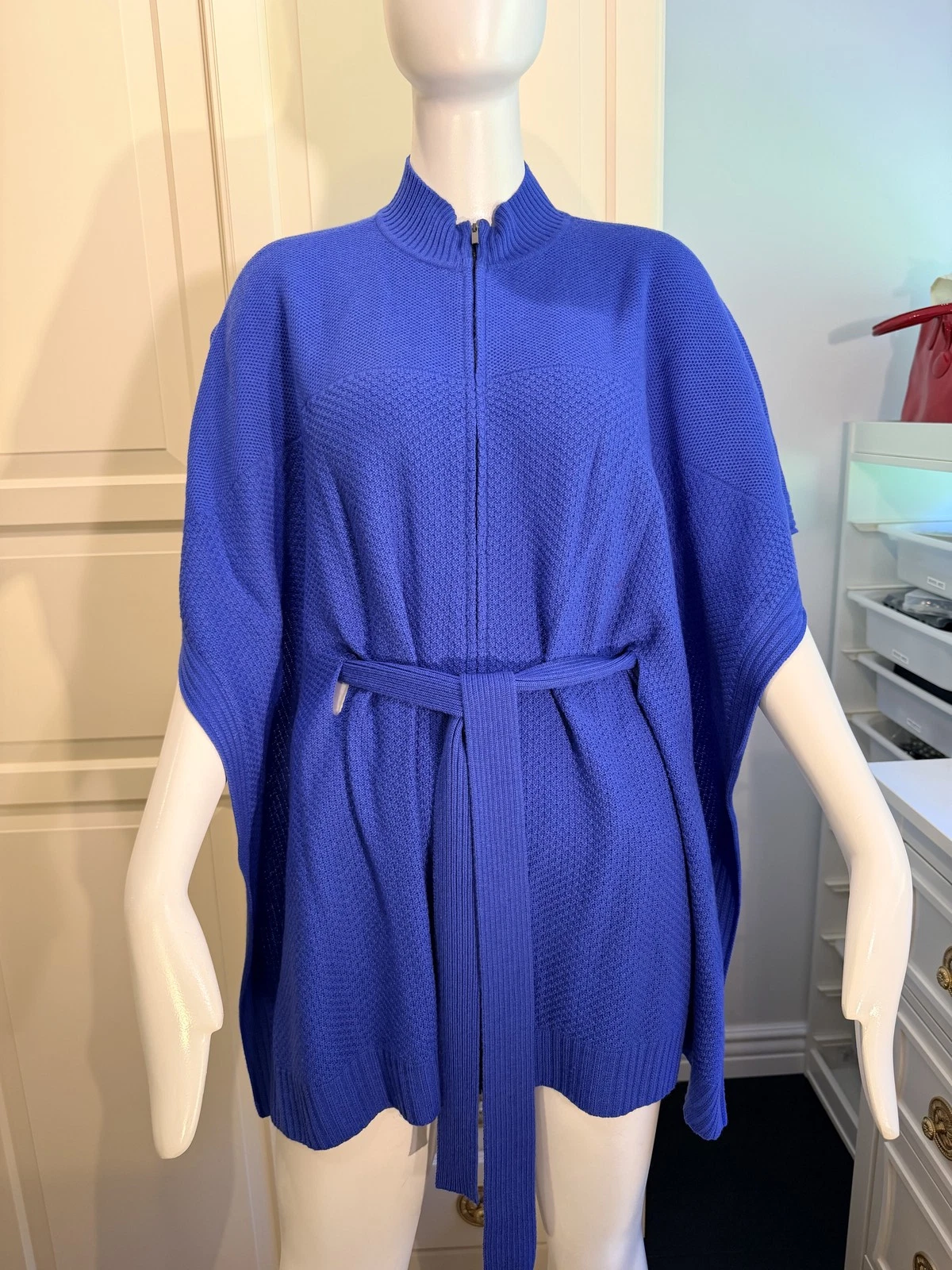 ST. JOHN NWT Regal Blue Knit Full Zip Belted Cape Poncho Jacket Size M New $595