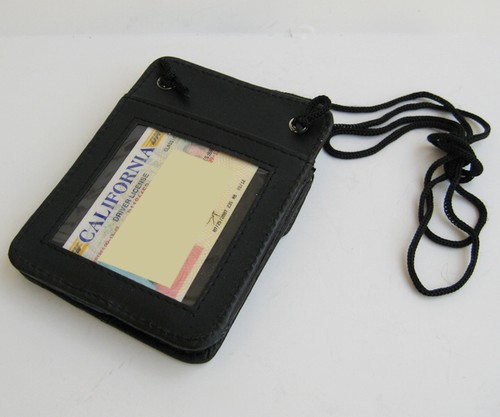 Black Leather ID Holder Card Name Tag Pouch Neck Strap Wallet - Picture 3 of 10