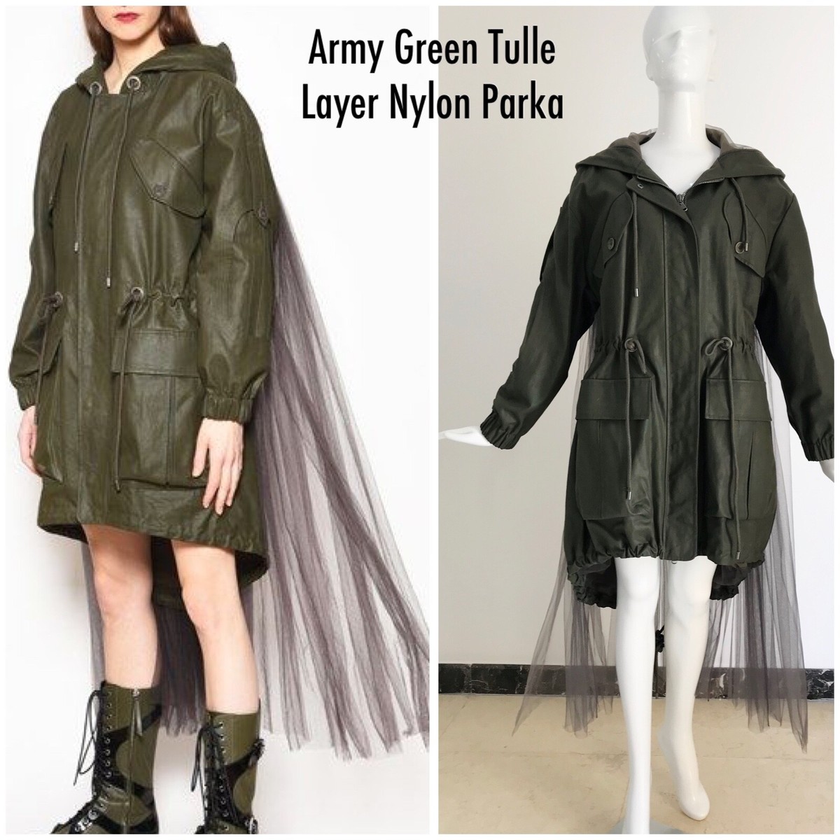 Moschino Womens Army Tulle Layer Nylon Parka Jacket Green