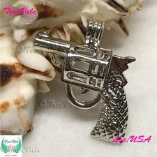 Revolver Pistol Gun - Silver Plated - Locket Pearl Cage Pendant - Hold 5mm - 8mm