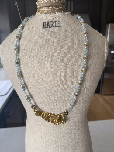 Vintage Miriam Haskell Style Gilded Gold And Pearls-Crys. Necklace Earrings Set